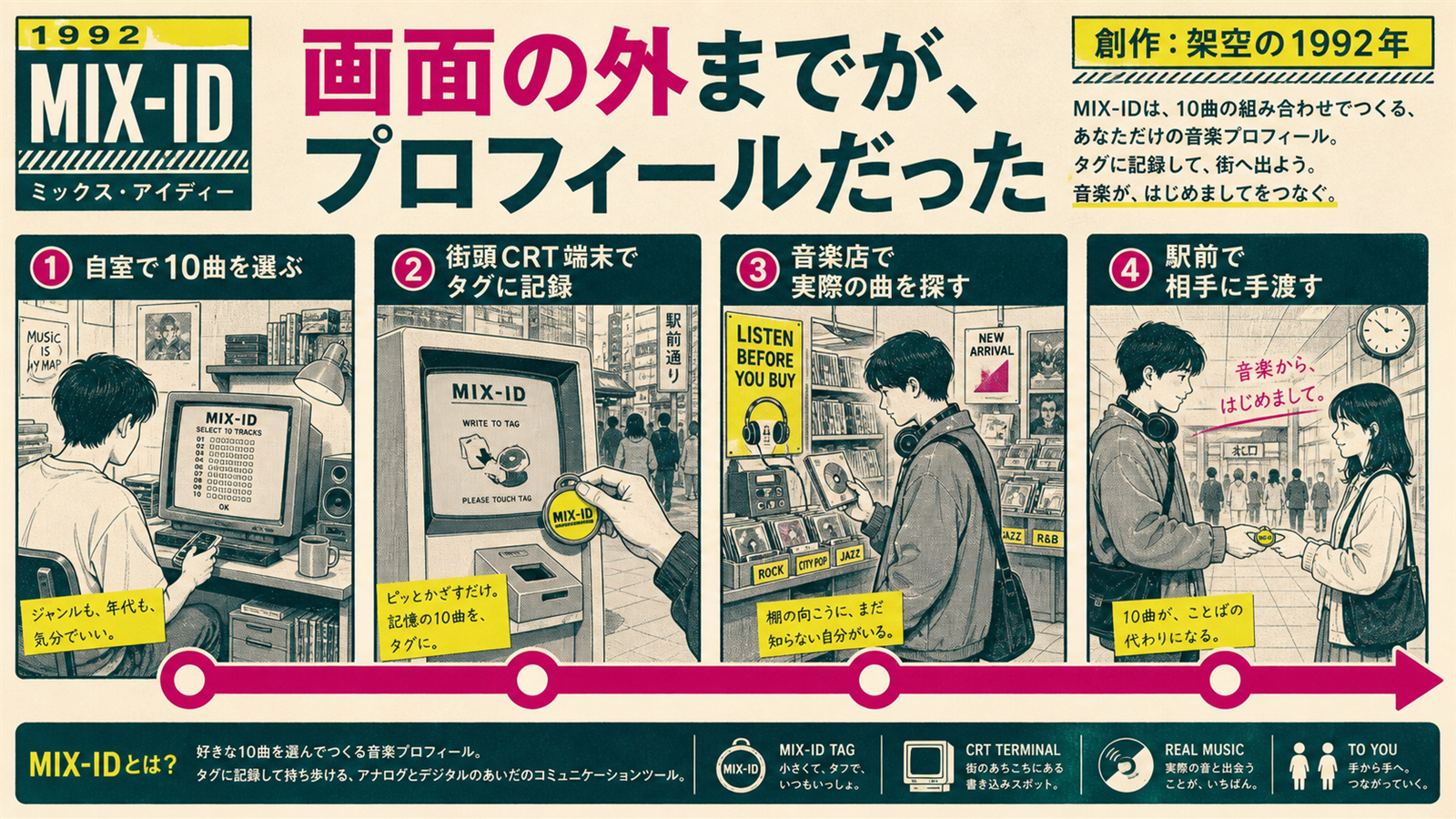 MIX-IDタグを手渡す若者と街頭端末の創作イメージ